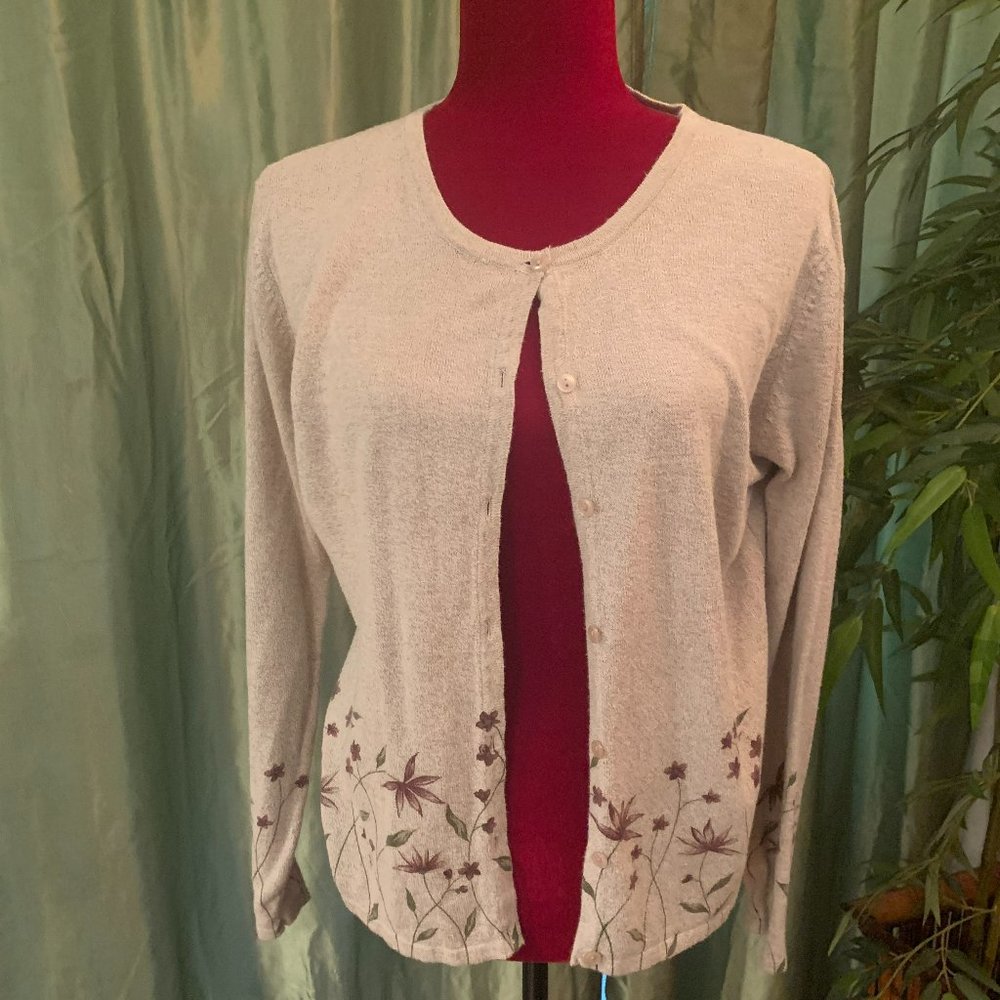 Cardigan by Style & Co. (Macys), Oatmeal color w/subtle Wine/Green Floral
